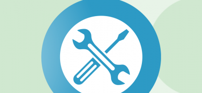 A wrench and screwdriver form an "X." The tools are centered within a white circle, outlined by a blue ring. The background features soft green gradients.