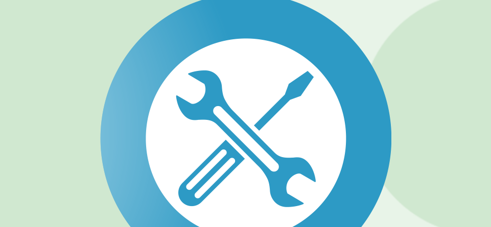 A wrench and screwdriver form an "X." The tools are centered within a white circle, outlined by a blue ring. The background features soft green gradients.