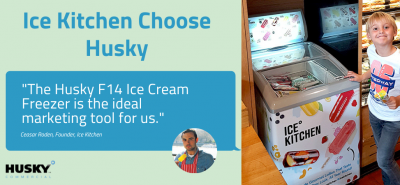 Ice cream freezer displays treats in a shop. Adjacent promotional banner reads, "Ice Kitchen Choose Husky. 'The Husky F14 Ice Cream Freezer is the ideal marketing tool for us.' Cesar Roden, Founder, Ice Kitchen."