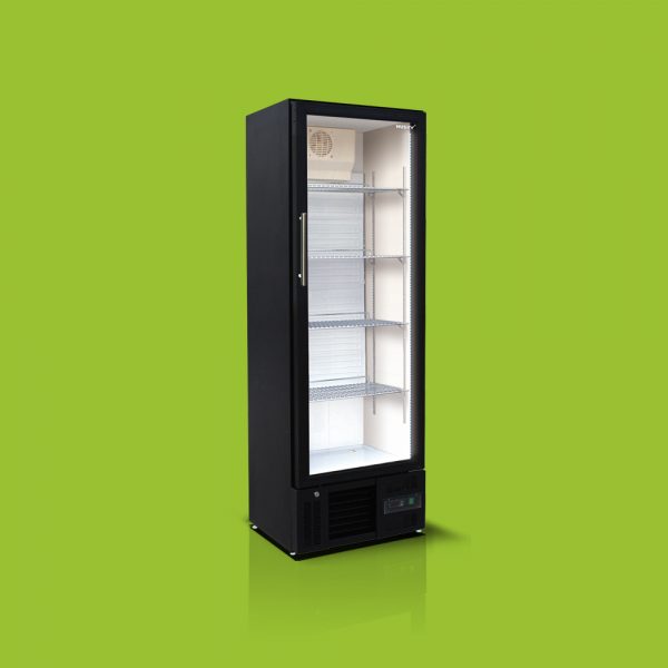 A tall black refrigerator with a glass door and multiple shelves, positioned against a solid green background.