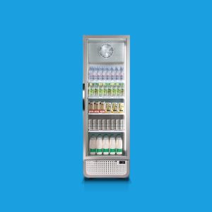A display refrigerator holding bottled water, cans, and milk cartons stands against a solid blue background.
