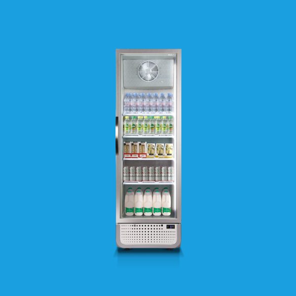 A display refrigerator holding bottled water, cans, and milk cartons stands against a solid blue background.