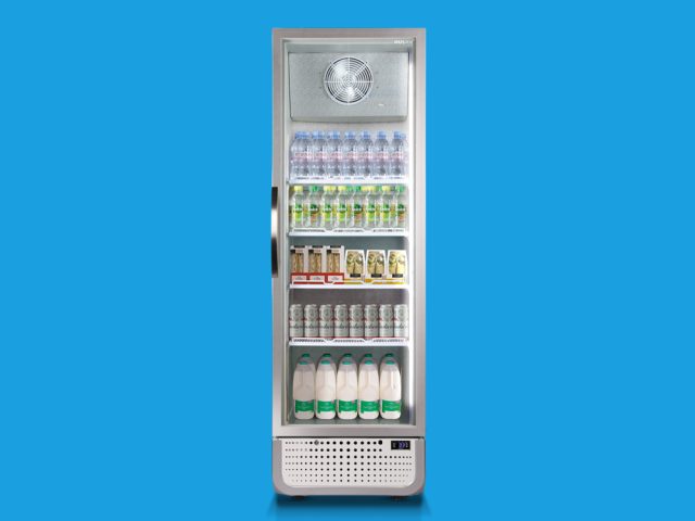A display refrigerator holding bottled water, cans, and milk cartons stands against a solid blue background.