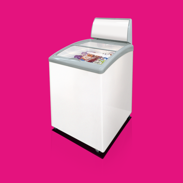 A white commercial ice cream freezer stands idle, filled with various ice cream treats, set against a solid pink background.