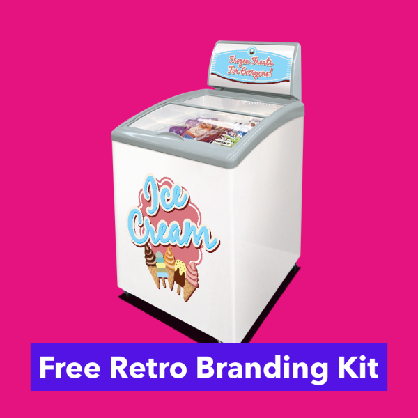 A retro branded commercial ice cream freezer stands idle, filled with various ice cream treats, set against a solid pink background. "Free Branding Kit” flash over the product image,