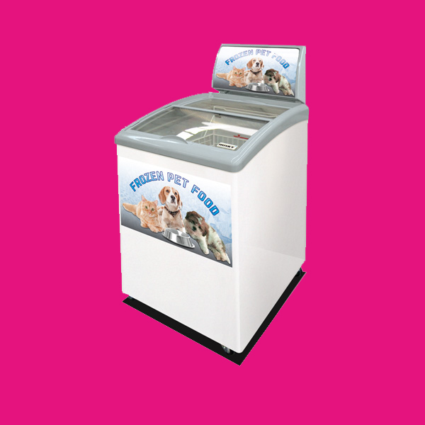 Freezer displaying various foods inside, labeled "FROZEN PET FOOD" with images of a dog and cat on the exterior, standing against a solid pink background.