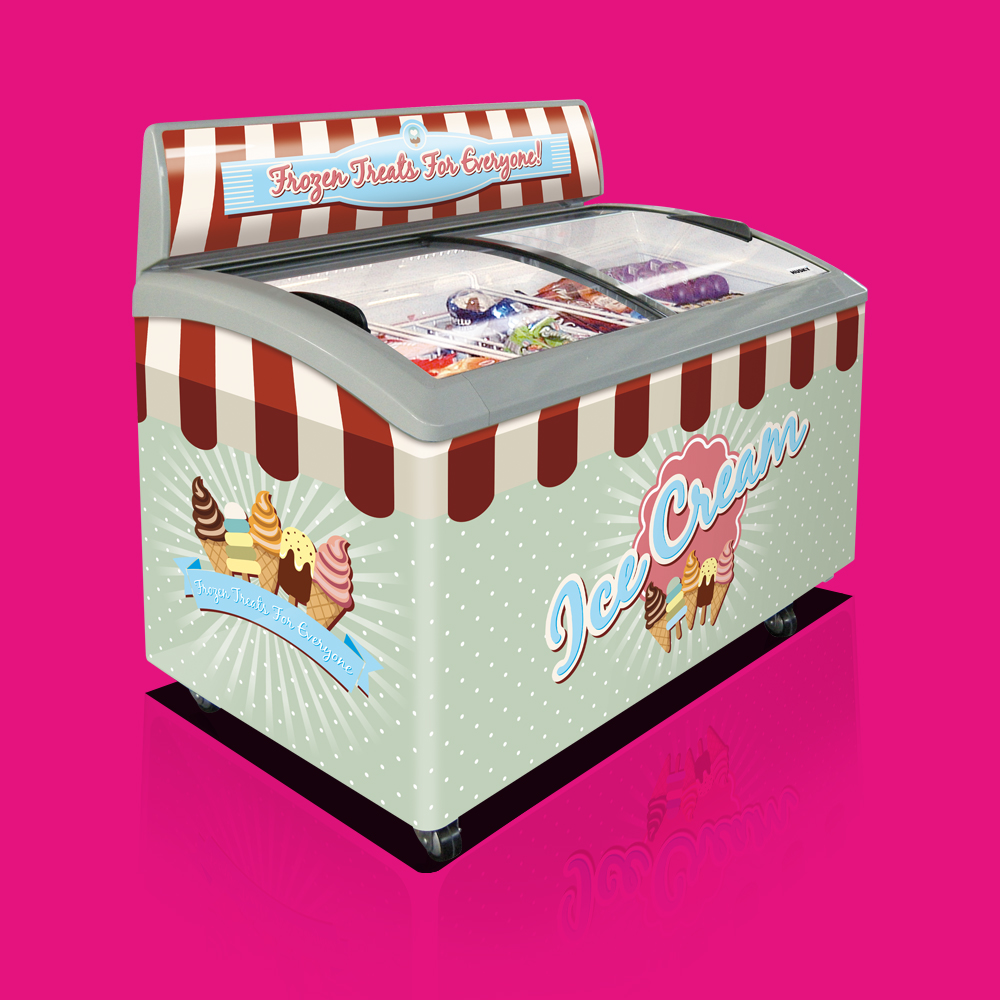 An ice cream freezer with a colorful illustrated design, displaying various ice cream cones, stands against a bright pink background. Text reads, "Enjoy Taste To Enjoy!" and "Ice Cream."