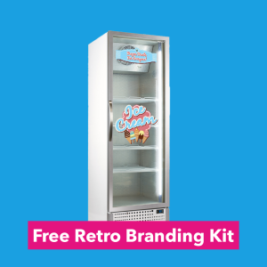 Freezer with a retro branding on the door against a blue background.
