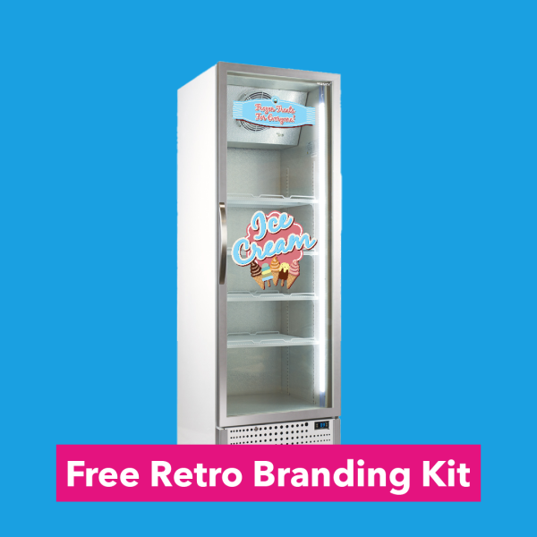 Freezer with a retro branding on the door against a blue background.