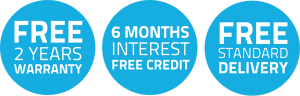 Three icons in blue with white text which reads Free 2 years warranty, 6 Months interest free credit and Free standard Delivery