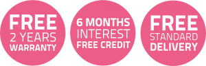 Three pink circular icons, each containing white text. Left icon: FREE 2 YEARS WARRANTY Middle icon: 6 MONTHS INTEREST FREE CREDIT. Right icon: FREE STANDARD DELIVERY.