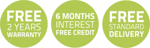 Three icons in green with white text which reads Free 2 years warranty, 6 Months interest free credit and Free standard Delivery