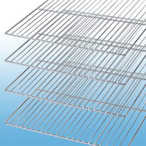 Several metal wire racks are stacked in a staggered formation, each one slightly lower than the one above, set against a gradient blue background.