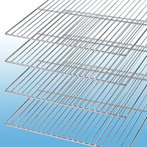 Several metal wire racks are stacked in a staggered formation, each one slightly lower than the one above, set against a gradient blue background.