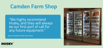 "Camden Farm Shop" is written above a testimonial bubble. Content: “We highly recommend Husky, and they will always be our first port of call for any future equipment.” - Johanna Woolford, Camden Stores Owner. Husky's logo and three filled refrigerators are also depicted.