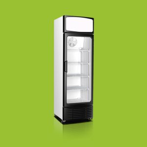 A tall, white display refrigerator with a transparent door and four interior shelves stands upright against a lime green background.
