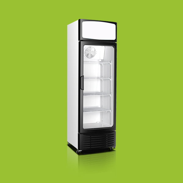 A tall, white display refrigerator with a transparent door and four interior shelves stands upright against a lime green background.
