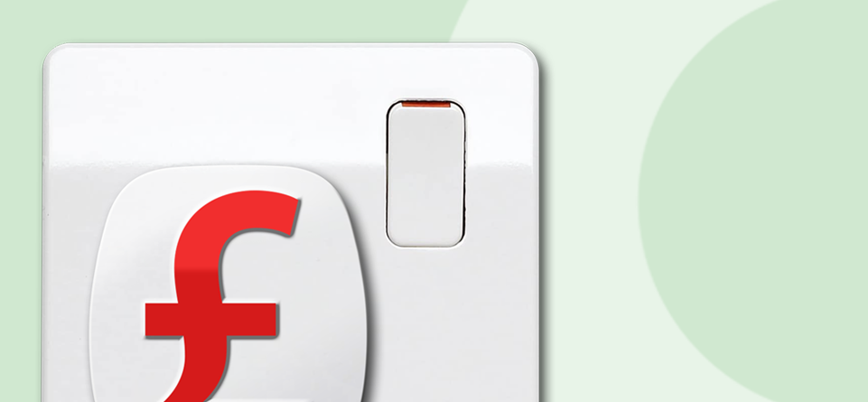 White light switch with a red currency symbol resembling the British pound (£), partially seen against a light green background with circular designs.