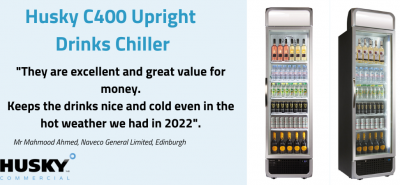 Husky C400 Upright Drinks Chiller displaying various bottles and cans, in a commercial setting. "They are excellent and great value for money. Keeps the drinks nice and cold even in the hot weather we had in 2022". Mr Mahmood Ahmed, Naveco General Limited, Edinburgh. HUSKY COMMERCIAL