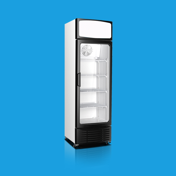 A tall, white commercial refrigerator with a transparent glass door and interior shelves, situated against a solid blue background.