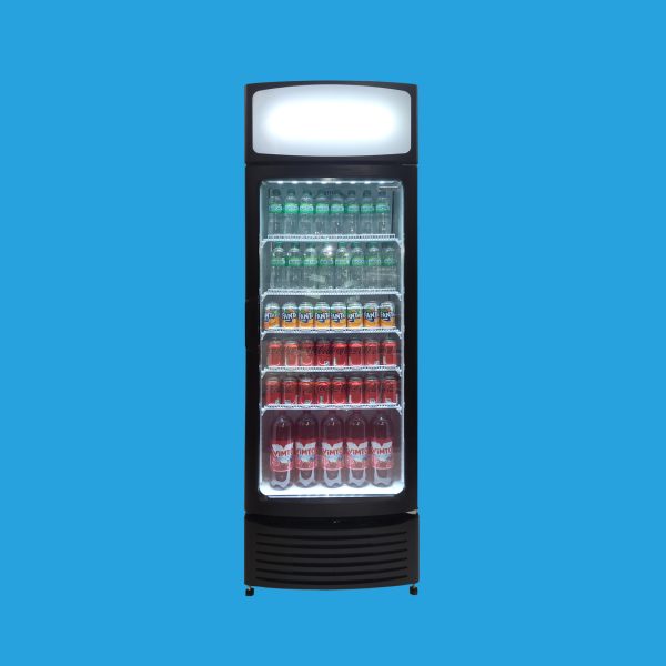 A black, illuminated beverage cooler containing multiple rows of assorted drink cans is centered against a solid bright blue background.