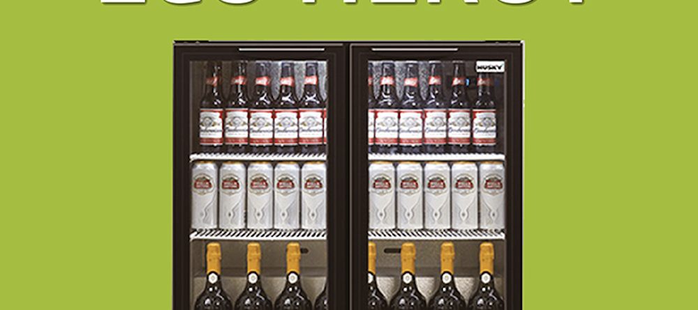 Double-door refrigerator stocked with beer bottles, beer cans, and wine bottles, situated against a green background with the text "Eco Hero" at the top.