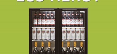 Double-door refrigerator stocked with beer bottles, beer cans, and wine bottles, situated against a green background with the text "Eco Hero" at the top.