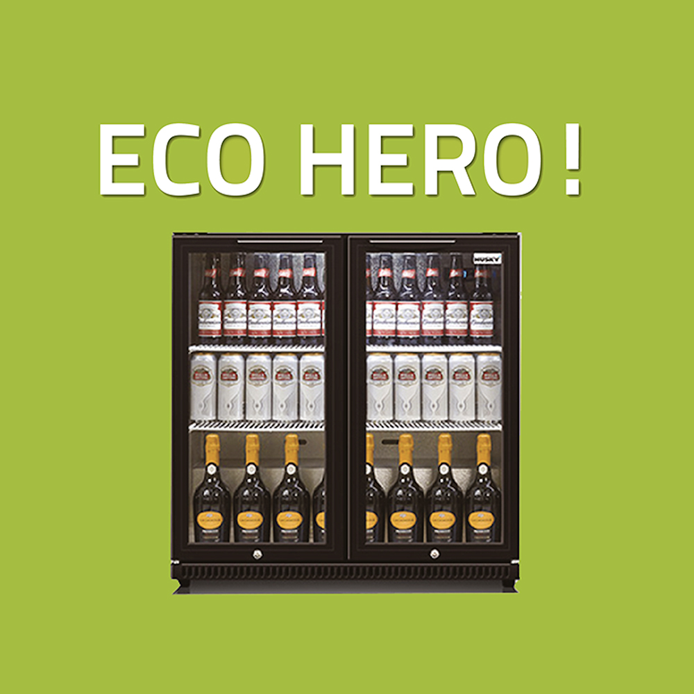 Double-door refrigerator stocked with beer bottles, beer cans, and wine bottles, situated against a green background with the text "Eco Hero" at the top.