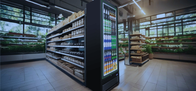 A stylish Husky upright display fridge in a well-lit supermarket, filled with chilled beverages, strategically placed for maximum visibility and sales.