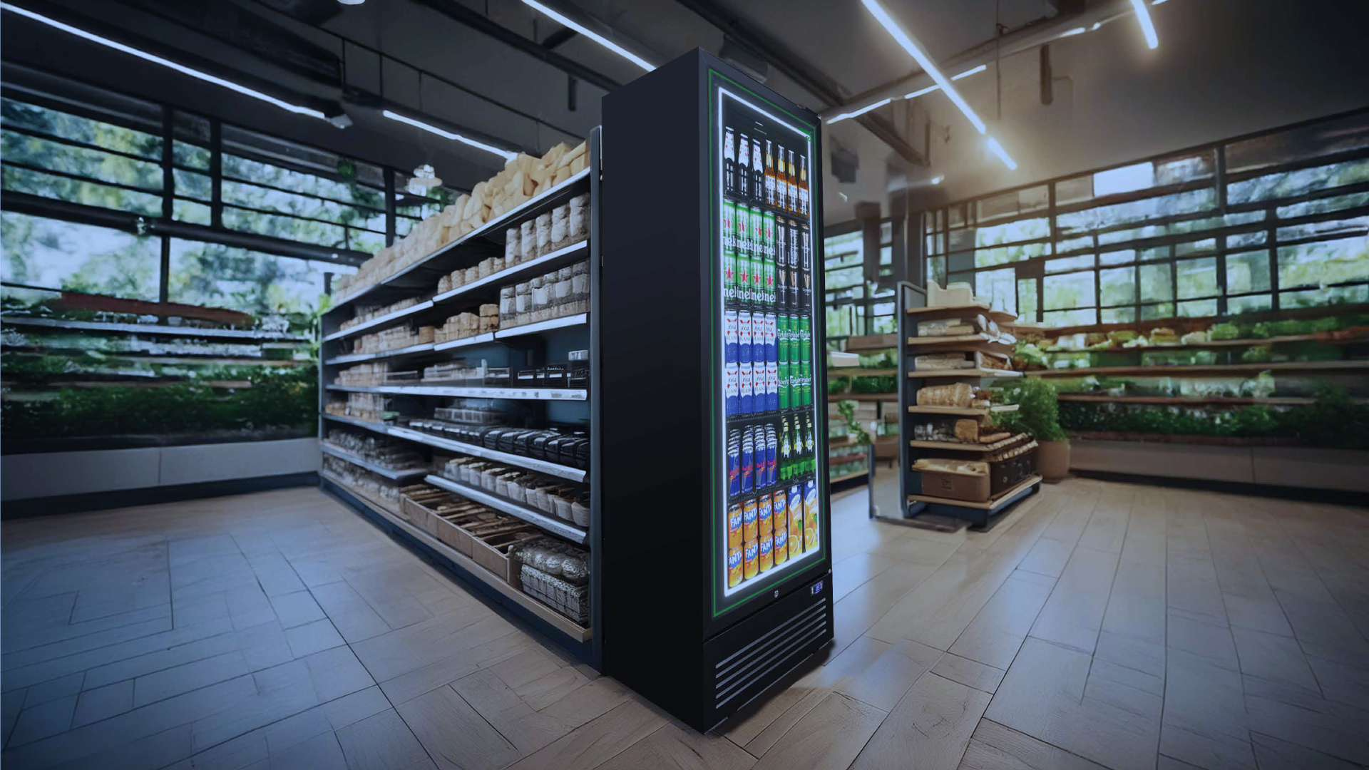 A stylish Husky upright display fridge in a well-lit supermarket, filled with chilled beverages, strategically placed for maximum visibility and sales.