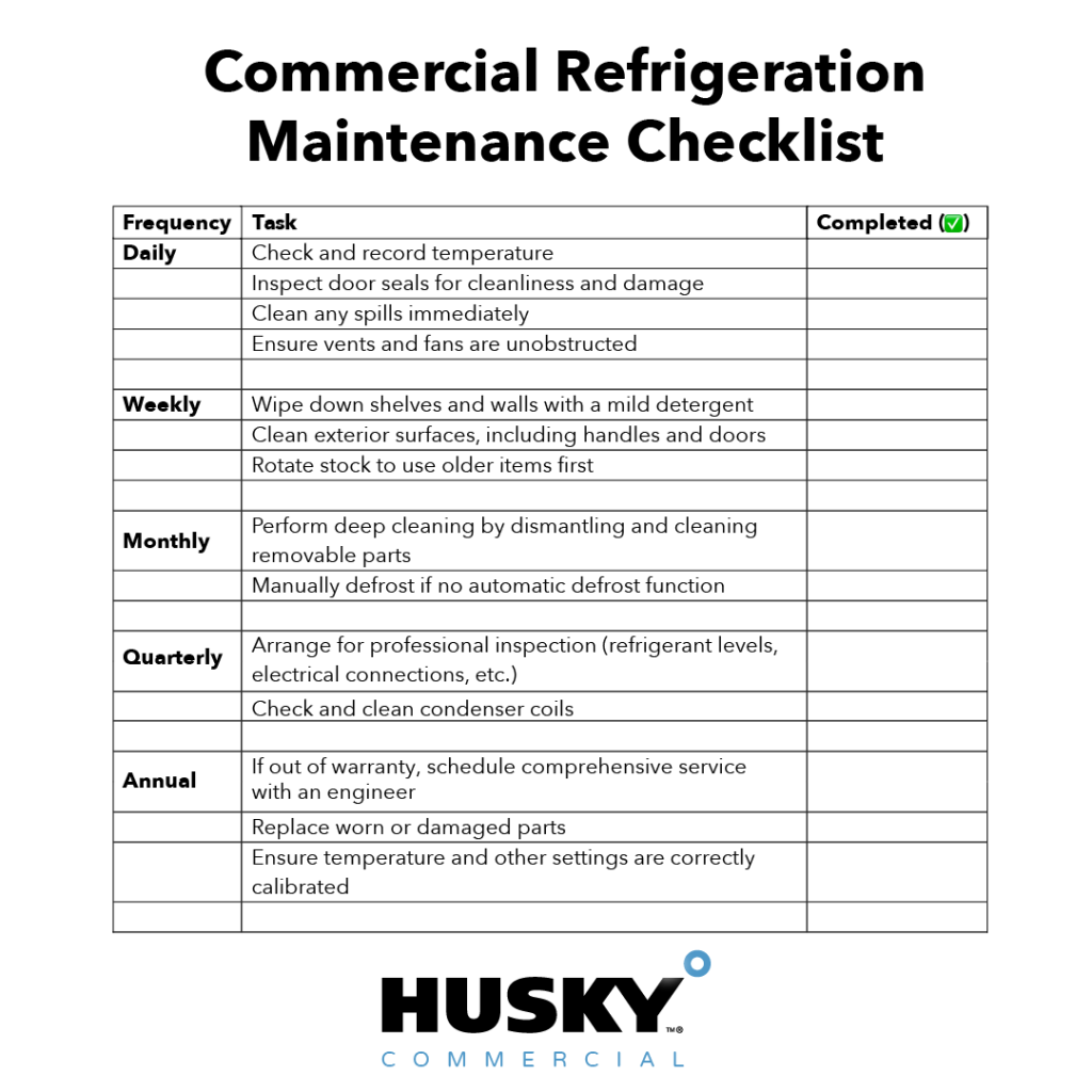 W33 The image is a "Commercial Refrigeration Maintenance Checklist" with tasks categorized by frequency: Daily, Weekly, Monthly, Quarterly, and Annual. Each task has a corresponding checkbox for completion. The checklist includes tasks like checking and recording temperature, cleaning spills, inspecting door seals, wiping down shelves, arranging professional inspections, and replacing worn parts. The logo "Husky Commercial" is displayed at the bottom of the checklist.