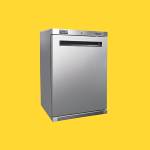 Undercounter Silver Husky fridge with a yellow background