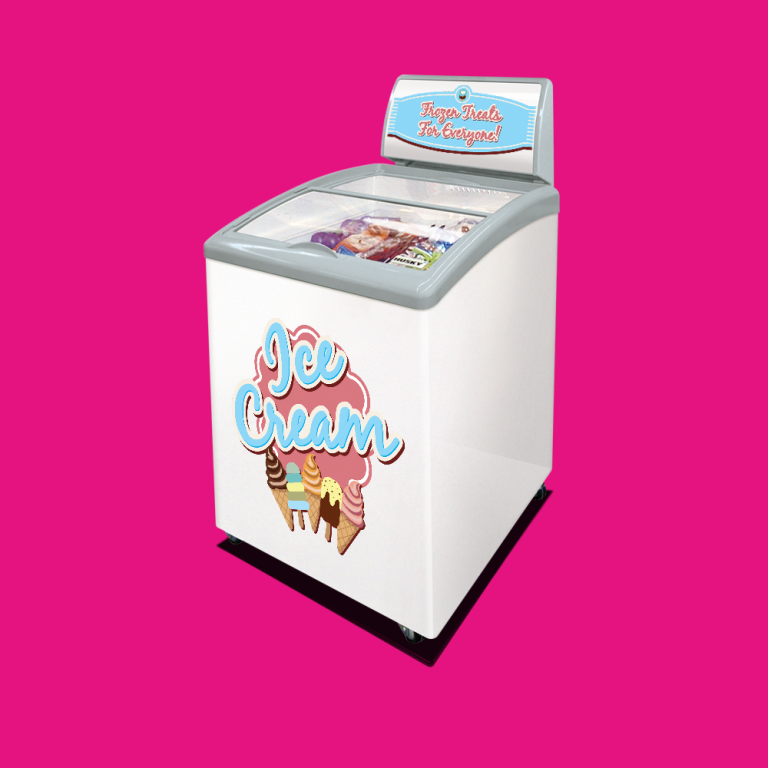 A retro branded commercial ice cream freezer stands idle, filled with various ice cream treats, set against a solid pink background.