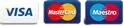 Three credit card logos: VISA in white and blue; MasterCard with overlapping red and yellow circles; Maestro with overlapping blue and red circles, all on white backgrounds.