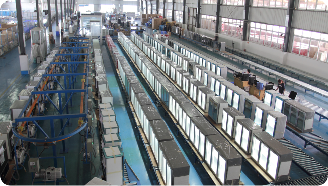 Husky’s state-of-the-art manufacturing facility, featuring an advanced production line of commercial refrigeration units. This high-capacity factory underscores Husky’s commitment to quality, efficiency, and global supply.