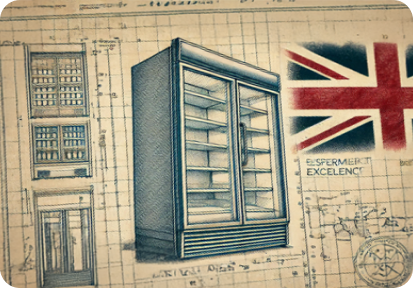 Vintage-style technical blueprint of a Husky commercial glass-door refrigerator, featuring detailed design sketches and architectural annotations. The image includes a faded Union Jack, symbolizing British excellence in refrigeration innovation.