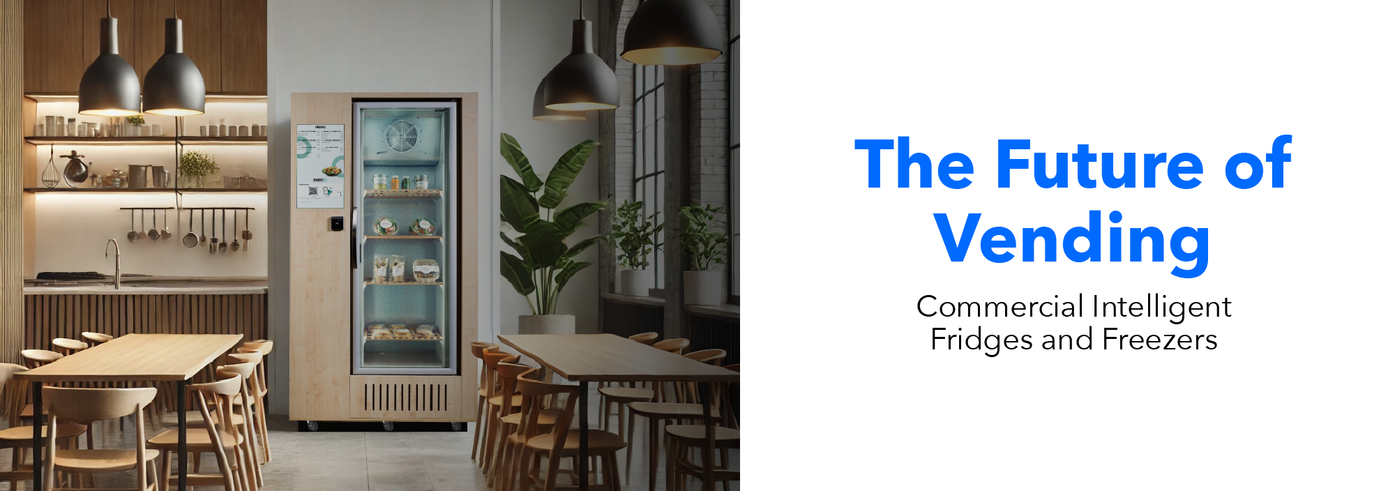 A modern, minimalist dining area with wooden furniture and pendant lighting, featuring a sleek intelligent vending fridge stocked with food items. The right side displays the text “The Future of Vending – Commercial Intelligent Fridges and Freezers.