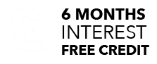 Large black text states "6 MONTHS INTEREST FREE CREDIT" next to a faint pound sterling symbol, placed against a plain white background.