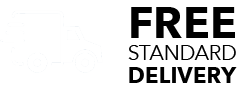 A delivery truck icon driving, accompanied by bold text “FREE STANDARD DELIVERY” in a clean, minimalistic design. The truck is on the left, while the text is on the right.