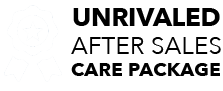 A ribbon badge icon is next to bold text reading "UNRIVALLED AFTER SALES CARE PACKAGE" on a white background.