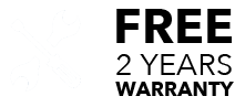 A wrench and screwdriver icon are next to bold text reading: "FREE 2 YEARS WARRANTY". The background is white.